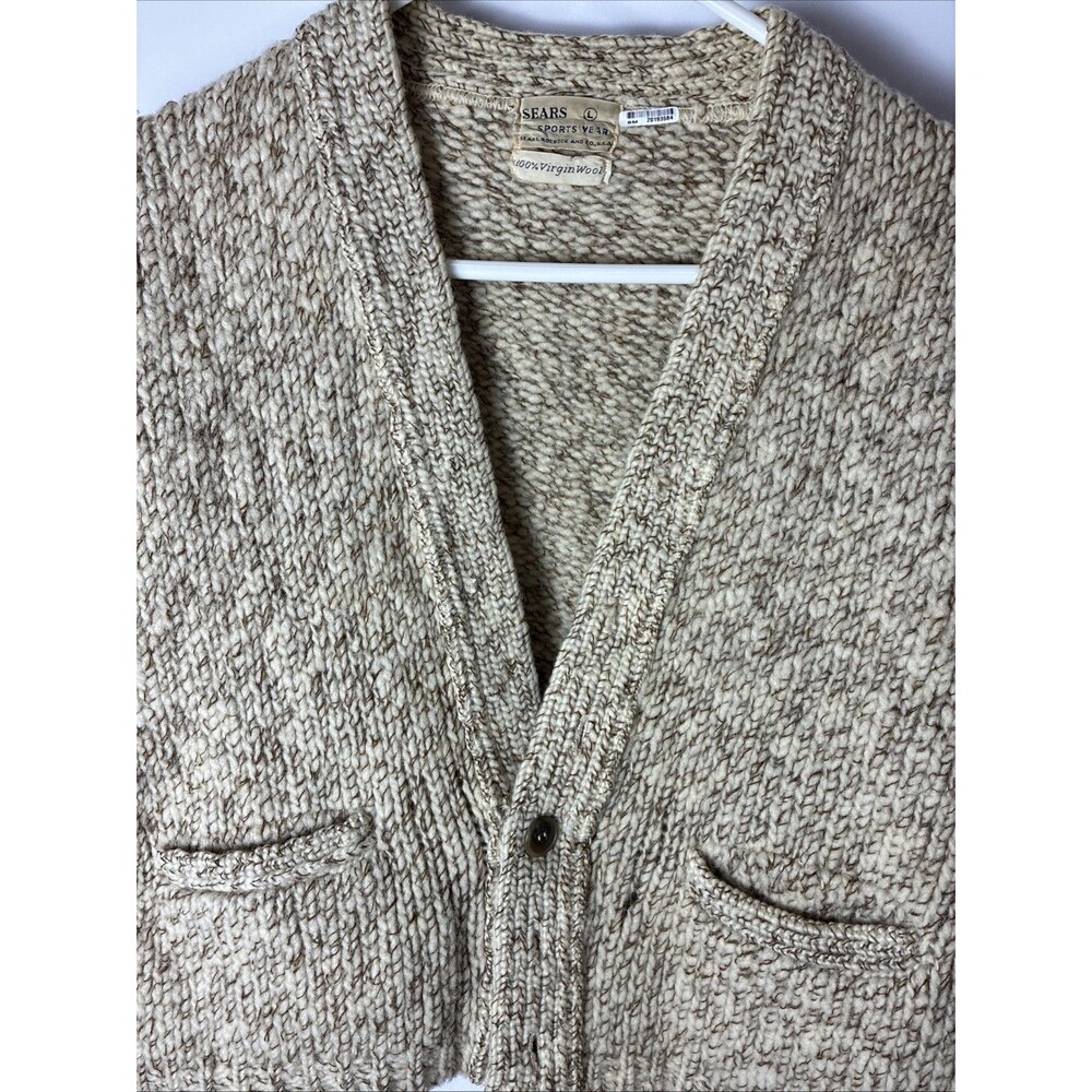 Sears 100% Virgin Wool Cardigan Sweater Button Up Sz Lg Cream 60/70s  Vintage